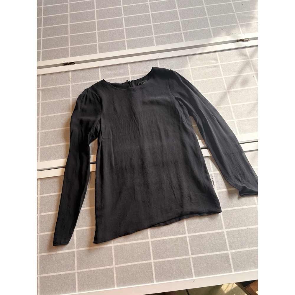 Theory Sheer 100% Silk Round Neck Long Sleeve Zip Up Blouse Top Black Size S